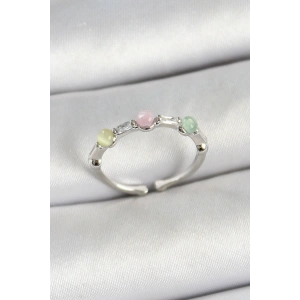 Pirinç Sıralı Boncuk Figürlü Zirkon Taşlı Gümüş Renk Ayarlanabilir Kadın Yüzük