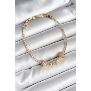 Pirinç Sıralı Pembe Kalp Figürlü Zirkon Taşlı Gold Renk Kadın Bileklik