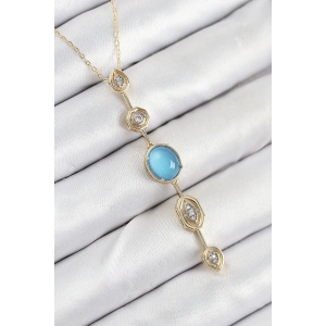 Pirinç Zincir Mavi Gold Renk Zirkon Taşlı Y Kolye
