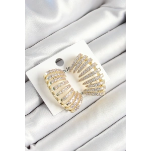 Pirinç Zirkon Taşlı Çoklu Görünümlü Model Gold Renk Kadın Küpe