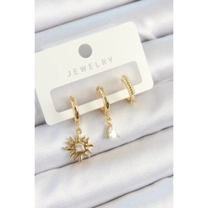 Pirinç Zirkon Taşlı Güneş Model Gold Renk 3lü Çift Kadın Küpe Set