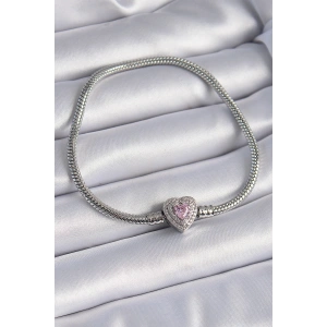 Pirinç Zirkon Taşlı Kalp Figür Charm Model Kadın Bileklik