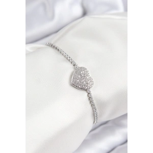 Pirinç Zirkon Taşlı Kalp Model Gümüş Renk Asansörlü Kadın Bileklik