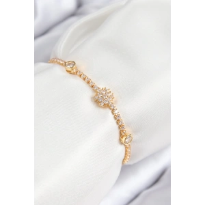 Pirinç Zirkon Taşlı Kar Tanesi Model Gold Renk Asansörlü Kadın Bileklik