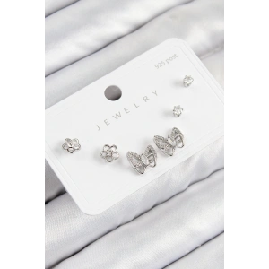 Pirinç Zirkon Taşlı Kelebek Model Gümüş Renk 925 Ayar Gümüş Çivi Kadın Küpe Set