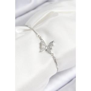 Pirinç Zirkon Taşlı Kelebek Model Gümüş Renk Asansörlü Kadın Bileklik
