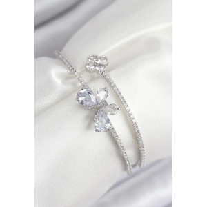 Pirinç Zirkon Taşlı Kelebek Ve Yonca Model Gümüş Renk Kadın Bileklik