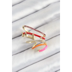 Pirinç Zirkon Taşlı Kırmızı Turuncu Pembe Sıkıştırma Sağ Kıkırdak Gold Renk Kadın Küpe