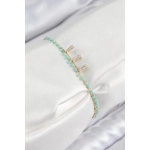 Pirinç Zirkon Taşlı Mavi Boncuklu Model Gold Renk Kadın Bileklik