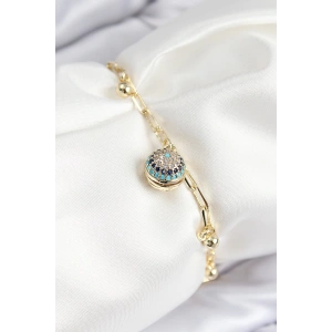 Pirinç Zirkon Taşlı Nazar Boncuğu Model Gold Renk Kadın Bileklik