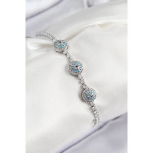 Pirinç Zirkon Taşlı Nazar Model Gümüş Renk Kadın Bileklik