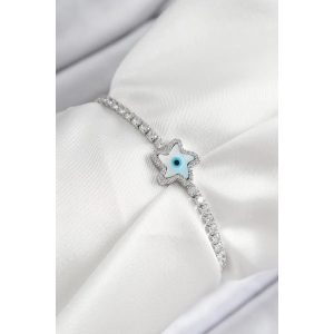 Pirinç Zirkon Taşlı Nazar Yıldız Model Gümüş Renk Asansörlü Kadın Bileklik