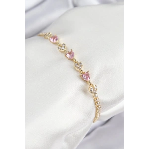 Pirinç Zirkon Taşlı Pembe Kalp Model Gold Renk Kadın Bileklik