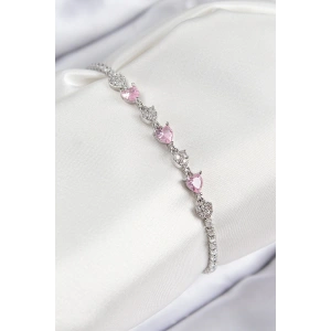 Pirinç Zirkon Taşlı Pembe Kalp Model Gümüş Renk Kadın Bileklik