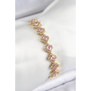 Pirinç Zirkon Taşlı Pembe Yonca Baget Model Gold Renk VIP Seri Kadın Bileklik