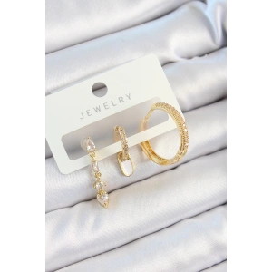 Pirinç Zirkon Taşlı Sallantılı Model Gold Renk 3lü Çift Kadın Küpe Set
