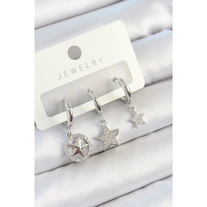 Pirinç Zirkon Taşlı Yıldız Model Gümüş Renk 3lü Çift Kadın Küpe Set