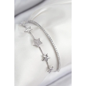 Pirinç Zirkon Taşlı Yıldız Model Gümüş Renk Kadın Bileklik