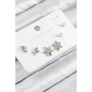Pirinç Zirkon Taşlı Yıldız Ve Gül Model Gümüş Renk 925 Ayar Gümüş Çivi Kadın Küpe Set