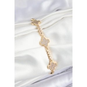 Pirinç Zirkon Taşlı Yonca Model Gold Renk Kadın Bileklik