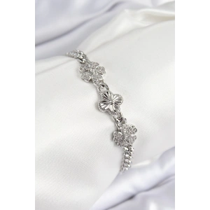 Pirinç Zirkon Taşlı Yonca Model Gümüş Renk Kadın Bileklik