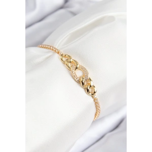 Pirinç Zirkon Taşlı Zincir Model Gold Renk Asansörlü Kadın Bileklik