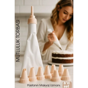 Profesyonel 8'li Krema Sıkma Torbası Seti | Pastacılık Dekorasyon Uçları ve Fırfır Başlıkları