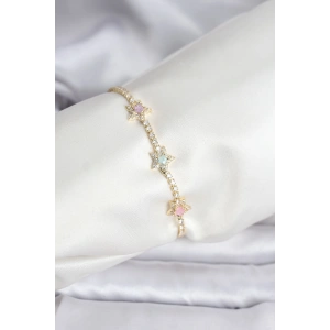 Renkli Yıldız Model Zirkon Taşlı Gold Renk Pirinç Su Yolu Kadın Bileklik