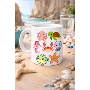 Sevimli Deniz Canlıları Desenli Porselen Kupa MODEL 118 – Ahtapot, Kaplumbağa, Yengeç ve Deniz Yıldızlı Kahve Kupası