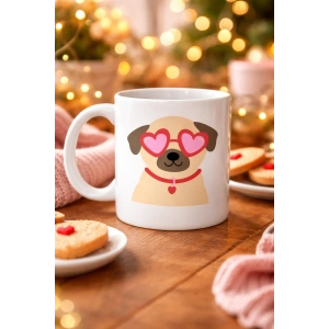 Sevimli Kalpli Gözlüklü Köpek Desenli Porselen Kupa Model 46 – Aşk Dolu Tasarım Hediyelik Kahve Kupası