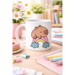 Sevimli Kapibara Gökkuşağı Tasarımlı Porselen Kupa MODEL 119 – Tatlı Hayvan Figürlü Kahve & Çay Kupası