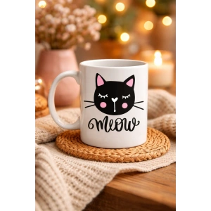 Sevimli Kedi Desenli Porselen Kupa MODEL 63 – “Meow” Yazılı Kahve & Çay Keyfi İçin Tatlı Tasarım