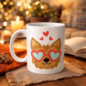 Sevimli Yorkshire Terrier Tasarımlı Porselen Kupa Model 49 – Kalpli Gözlüklü Köpek Desenli, Hediye Kupası