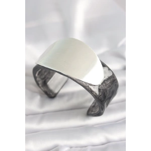 Siyah Mermer Desen Akrilik Plastik Gümüş Oval Plaka Model Vintage Kadın Bilezik