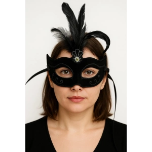 Siyah Renk Tüylü Siyah Süet Kaplama Parti Balo Maskesi 20X16 cm