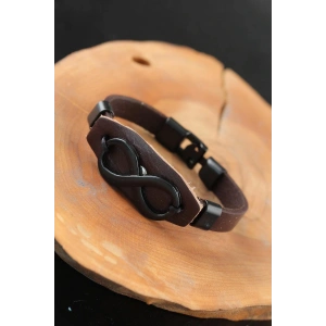 Siyah Sonsuzluklu Metal Aksesuarlı Kahverengi Deri Erkek Bileklik