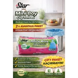 Star Plus Mini Boy Çöp Torbası 40lı 2 Paket 40x50 cm Dayanıklı Sızdırmaz Küçük Boy Çöp Poşeti