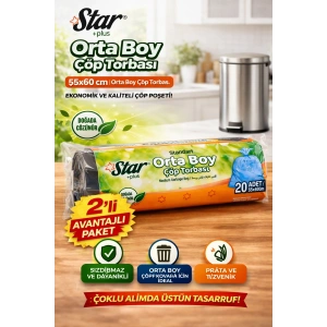 Star Plus Orta Boy Çöp Torbası 20li 2 Paket 55x60 cm Dayanıklı Sızdırmaz Orta Boy Çöp Poşeti
