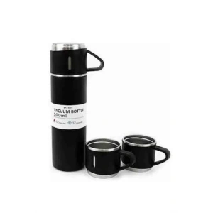 Termos Paslanmaz Çelik Termos Siyah Renk 3 Bardaklı Termos Seti