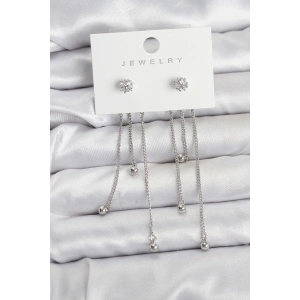 Topçuk Model Gümüş Renk Pirinç Sallantılı Kadın Küpe Seti