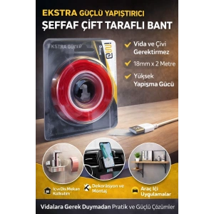 VHB Akrilik Silikon Bant 18mm x 2 Metre Şeffaf Çift Taraflı Güçlü Yapıştırıcı Bant
