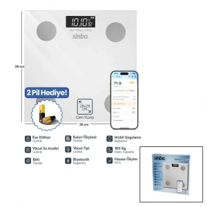 YAĞ ÖLÇERAKILLI BLUETOOTH CAM BASKÜL PİLLİ 180KG/50GR 28X28CM 8-KİŞİ HAFIZA LCD EKRAN GÖSTERGE SBS-4467