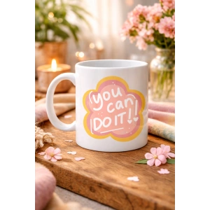 You Can Do It Yazılı Porselen Kupa MODEL 126 – Motive Edici Mesajlı, Çiçek Tasarımlı, Pozitif Enerji Veren Hediye Kupası