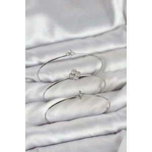 Zirkon Taşlı Gümüş Renk Yonca Tasarım 3lü Kadın Bileklik Kombini