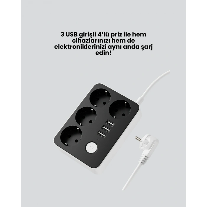 3 USB Çıkışlı 4’lü Akıllı Priz 2500W 2 Metre Kablo