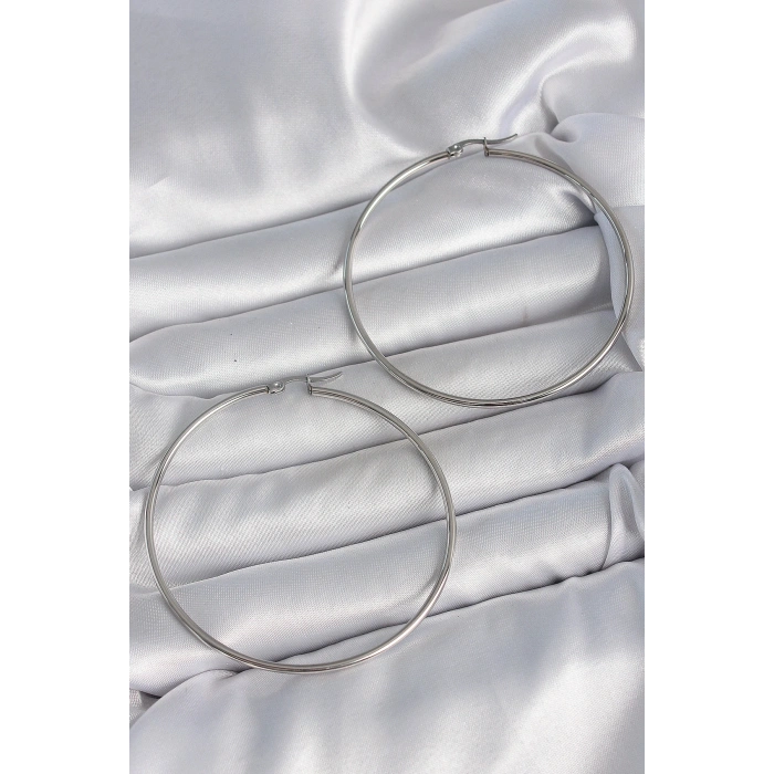 316 Çelik Gümüş Renk 63 mm Halka Model Kadın Küpe