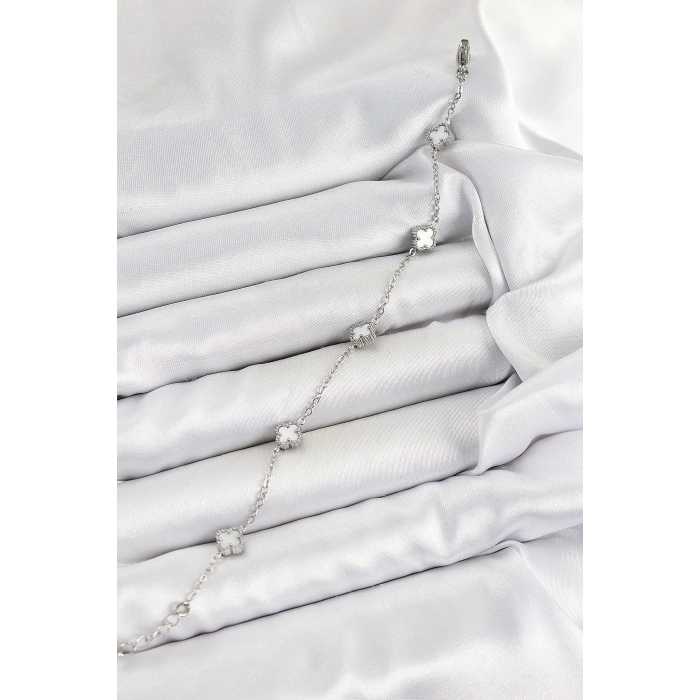 316L Çelik Beyaz Sedef Yonca Model Gümüş Renk Kadın Bileklik - TJ-BB7361