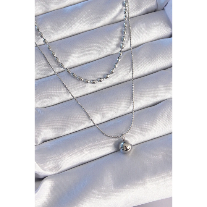 316L Çelik Çift Zincirli Gümüş Renk Topçuk Model Kolye - TJ-BKO8881