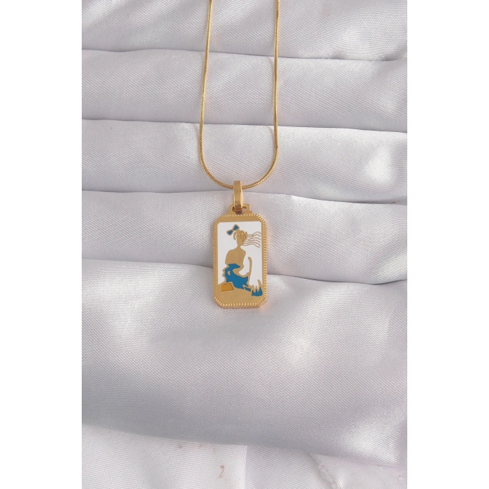 316L Çelik Gold Renk Beyaz Mineli Kız Figür Tarot Kolye