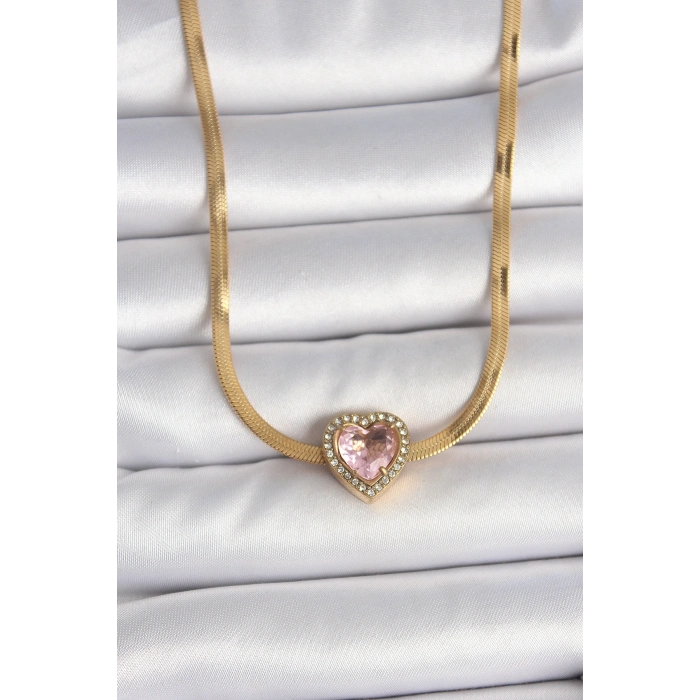 316L Çelik Gold Renk İtalyan Zincir Pembe Zirkon Taşlı Kalp Model Kadın Kolye - TJ-BKO10120